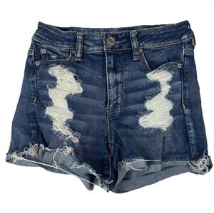 American Eagle Womens Size 4 Hi Rise Shortie Shorts Distressed Stretch Dark 3745